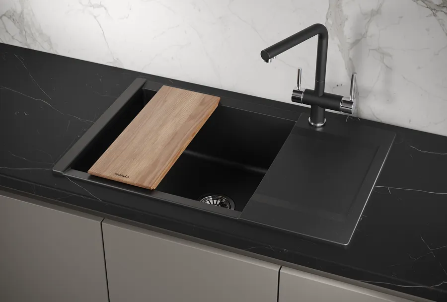 ES-7807, ШВАРЦ (чёрный металлик), кухонная мойка, кварц, ESTETICA