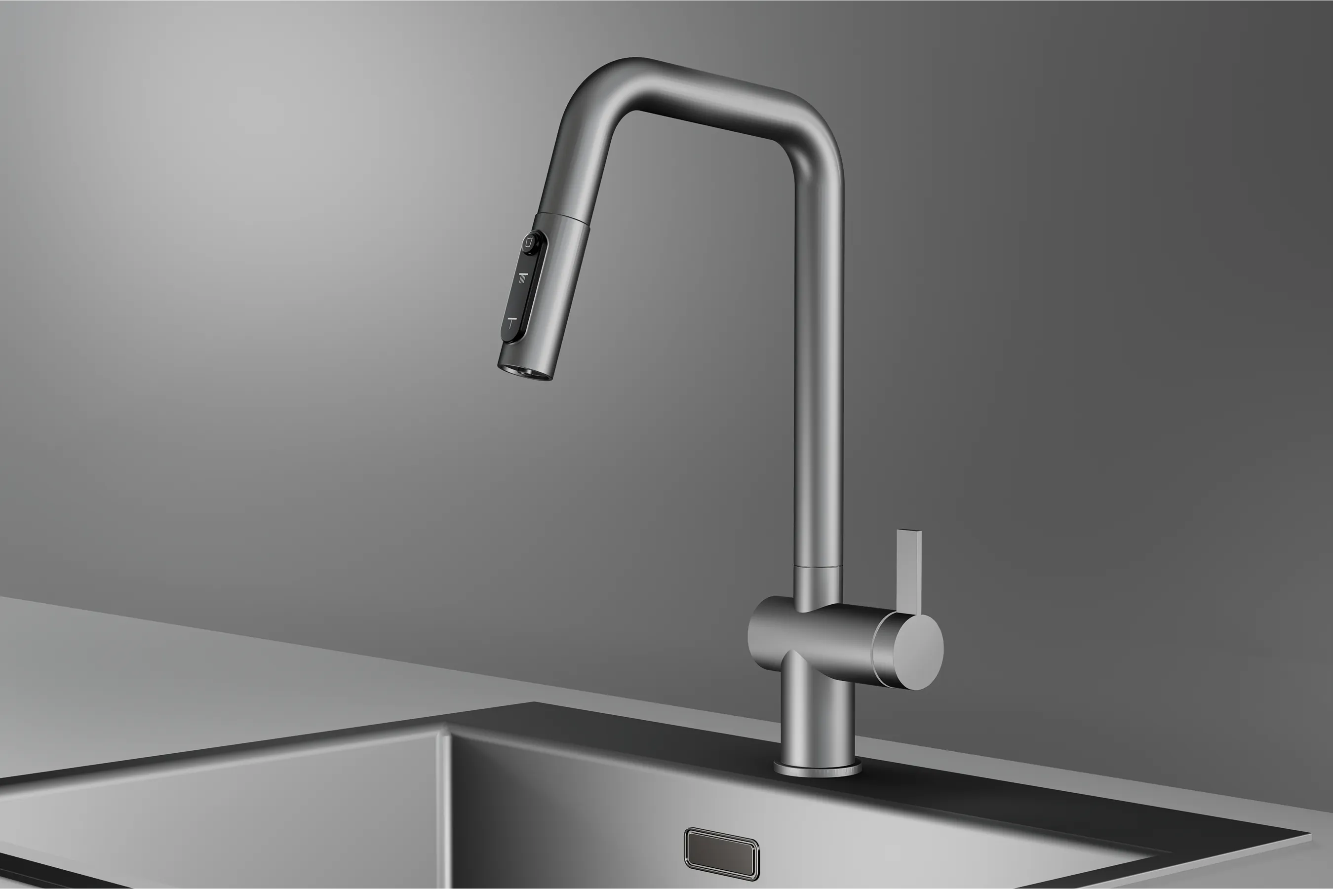 KS-7273, СТАЛЬ МАТОВАЯ, Смеситель кухонный с выдвижным изливом с переключением на душ и фильтром, сталь