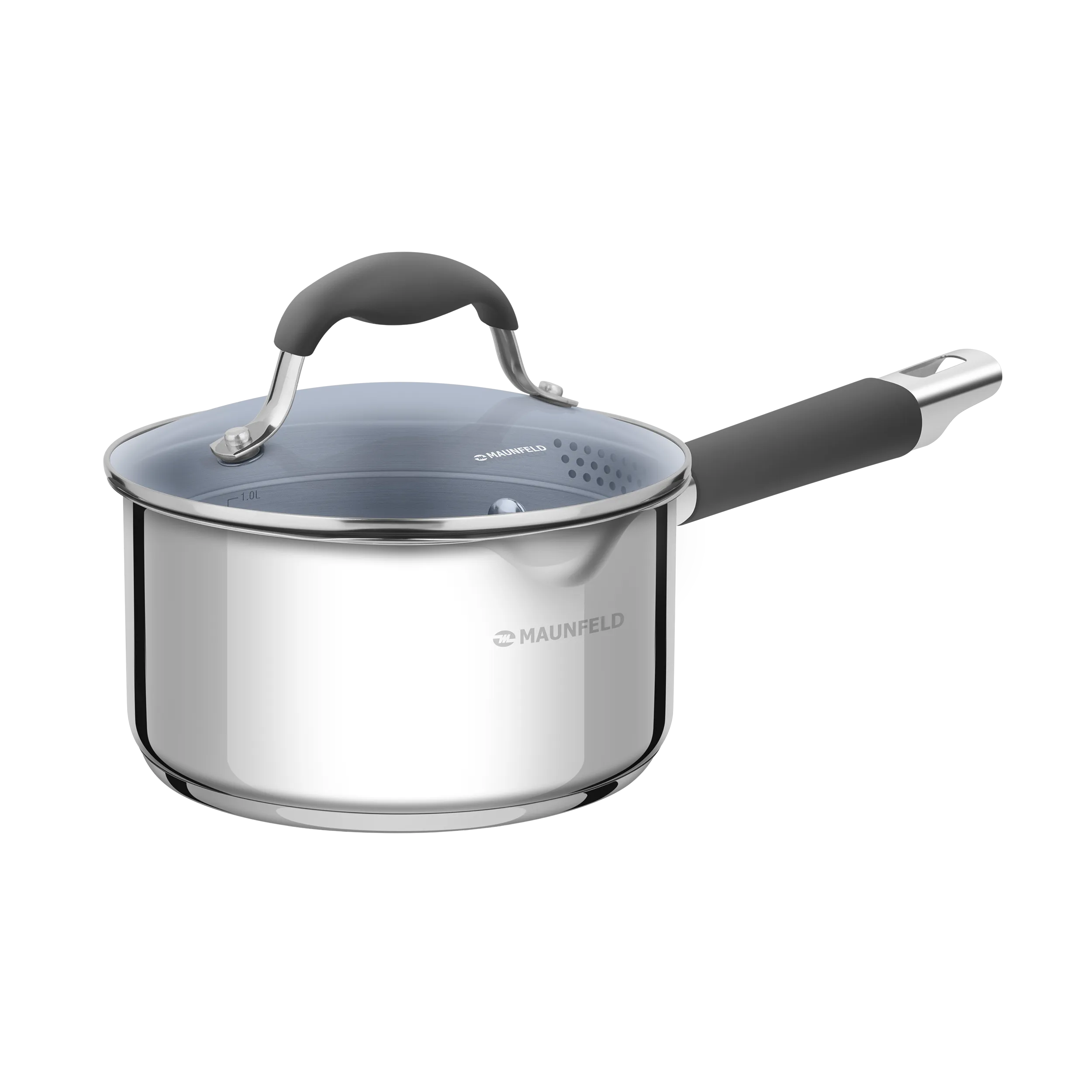 Ковш MAUNFELD LAURA МSP16S08GR из нержавеющей стали со стеклянной крышкой, 16 см, 1,6 л. Нержавеющая сталь