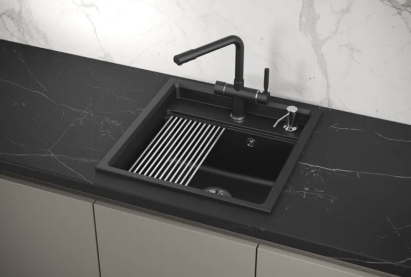 KS-5002, ШВАРЦ (чёрный металлик), кухонная мойка, кварц