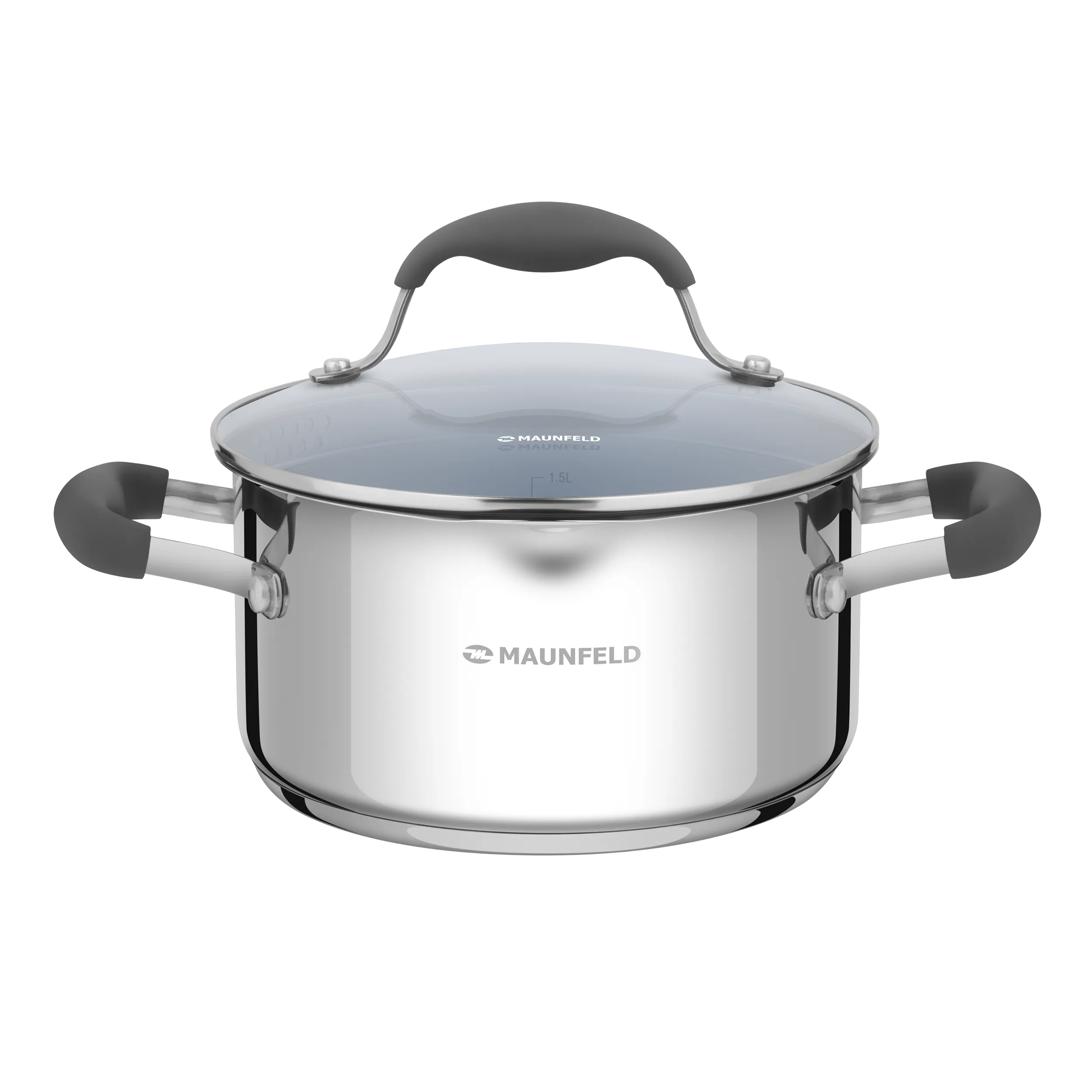 Кастрюля MAUNFELD LAURA MCS22S08GR из нержавеющей стали со стеклянной крышкой, 18 см, 2,2 л. Нержавеющая сталь
