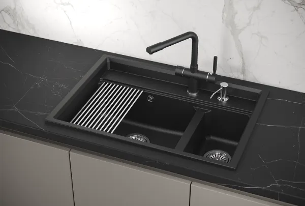 KS-7302, ШВАРЦ (чёрный металлик), кухонная мойка, кварц