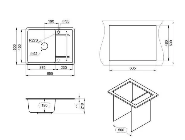 6501, ГРАФИТ (ЧЁРНО-СЕРЫЙ), кухонная мойка, кварц