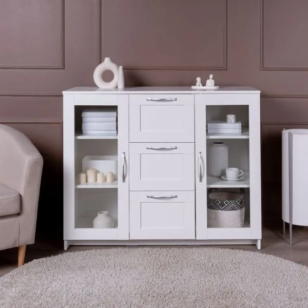 2.02.03.380.1 СИРИУС тумба 2 двери со стеклом и 3 ящика 117х95 белая RU