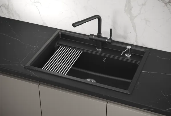 KS-7301, ШВАРЦ (чёрный металлик), кухонная мойка, кварц