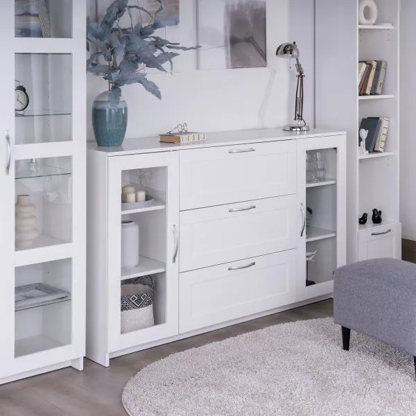 2.02.03.370.1 СИРИУС тумба 2 двери со стеклом и 3 ящика 156х95 белая RU