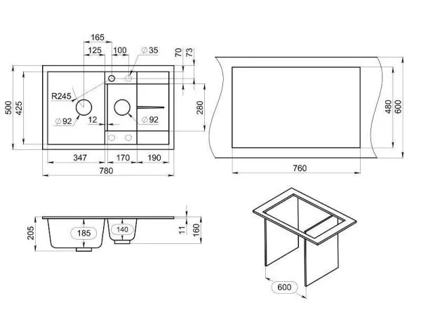 7802, ЧЁРНЫЙ, кухонная мойка, кварц