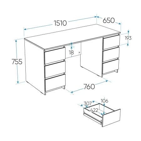 2.03.06.040.5 КАСТОР стол письменный 6 ящиков 151х65 RU Дуб Венге