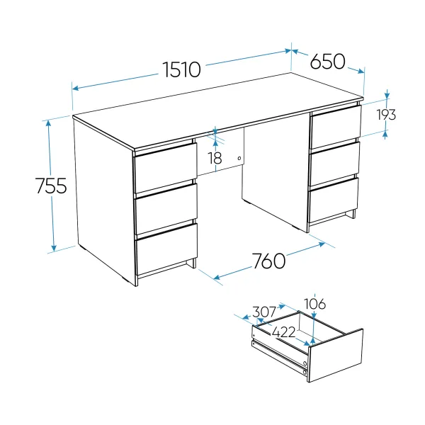 2.03.06.040.1 КАСТОР стол письменный 6 ящиков 151х65 RU белый