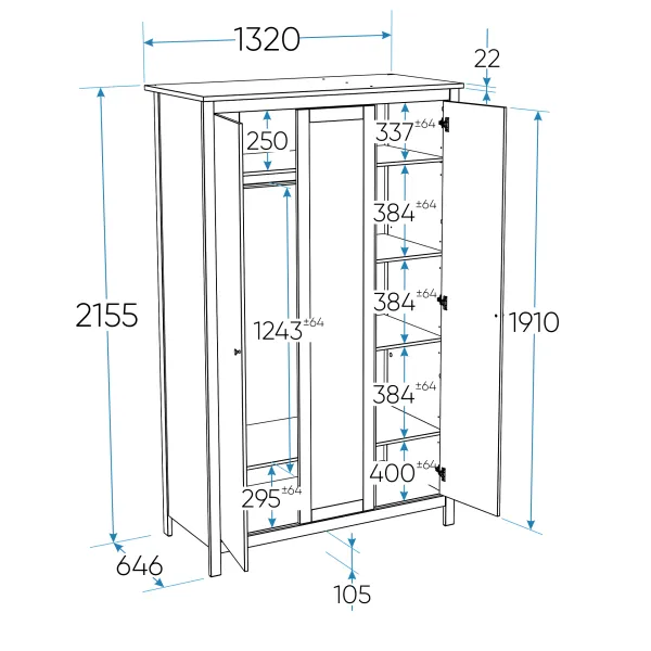 2.08.01.040.1 САГА шкаф 3 двери с зеркалом белый
