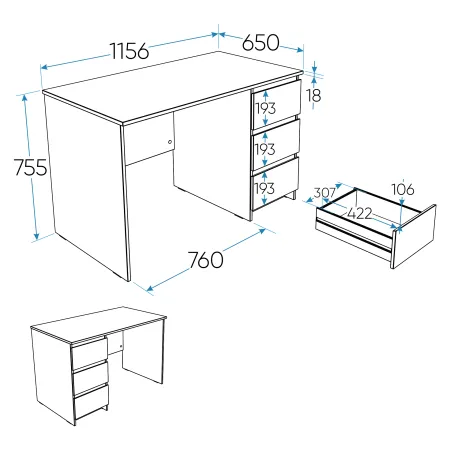 2.03.06.090.5 КАСТОР стол письменный 3 ящика 116х65 RU Дуб Венге