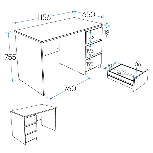 2.03.06.090.1 КАСТОР стол письменный 3 ящика 116х65 RU белый