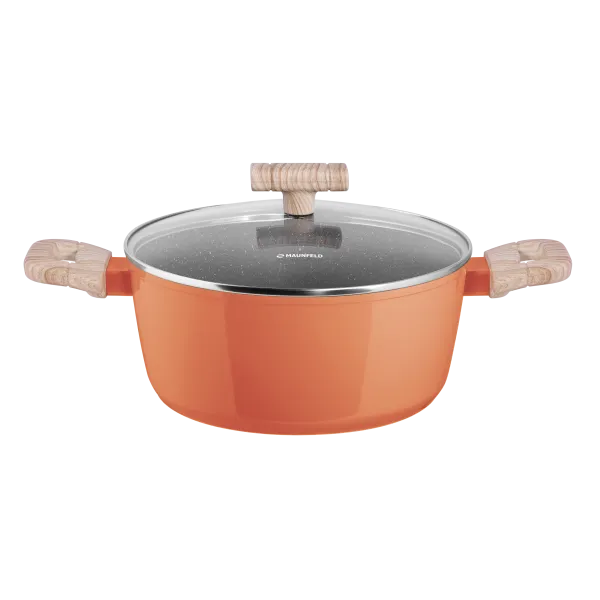 Кастрюля MAUNFELD MARTA MCS41FA06CL из кованого алюминия со стеклянной крышкой, 24 см, 4,1 л. Коралловый