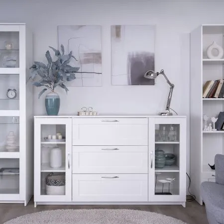 2.02.03.370.1 СИРИУС тумба 2 двери со стеклом и 3 ящика 156х95 белая RU