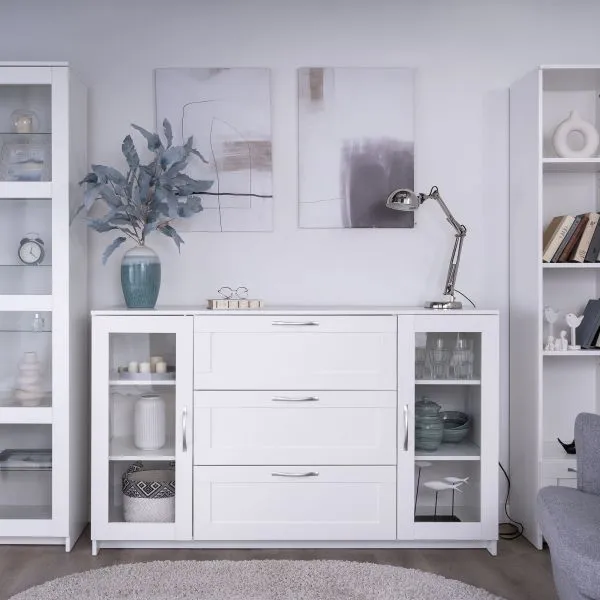 2.02.03.370.1 СИРИУС тумба 2 двери со стеклом и 3 ящика 156х95 белая RU