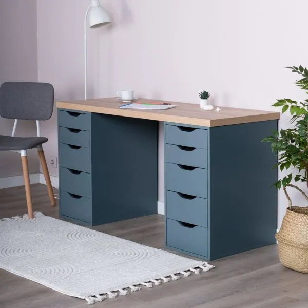 S01170 Ингар 2/55 стол письменный 140x75x55, дуб беленый/серо-бирюзовый