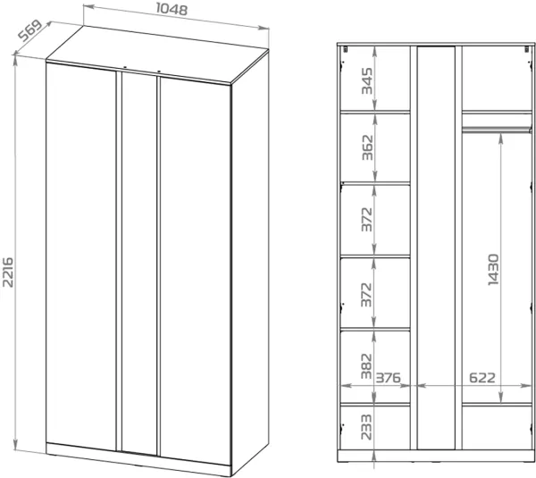 S01194 Варма Стор 105 шкаф распашной с зеркалом 222х105х57, белый