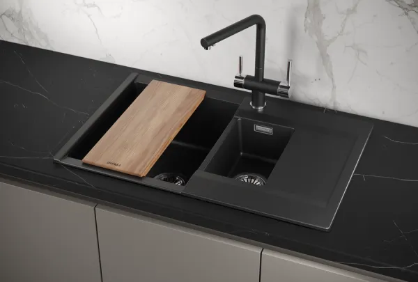 ES-7808, ШВАРЦ (чёрный металлик), кухонная мойка, кварц