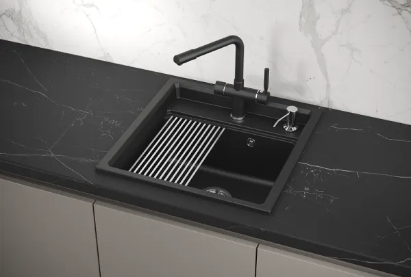 KS-5002, ШВАРЦ (чёрный металлик), кухонная мойка, кварц