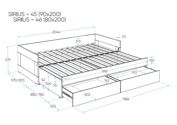 2.02.08.450.3 СИРИУС кровать раздвижная с ящиками 90х200 сонома RU