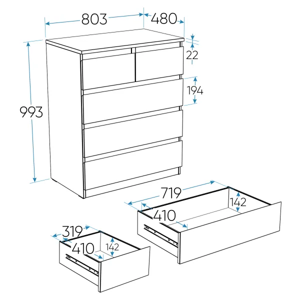 2.05.02.080.1 МАЛЬТА комод 3+2 ящика 80х99 белый RU