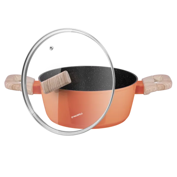 Кастрюля MAUNFELD MARTA MCS22FA06CL из кованого алюминия со стеклянной крышкой, 20 см, 2,2 л. Коралловый