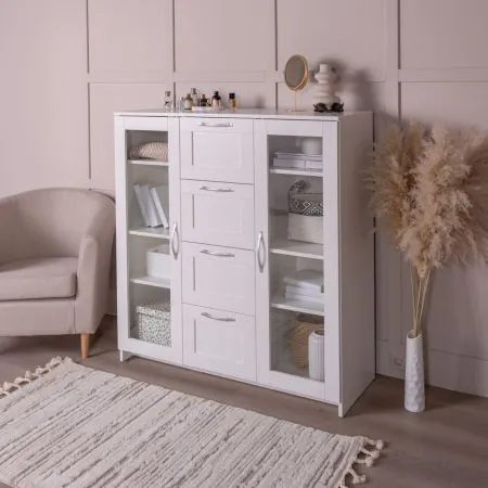 2.02.03.400.1 СИРИУС тумба 2 двери со стеклом и 4 ящика 117х123 белая RU