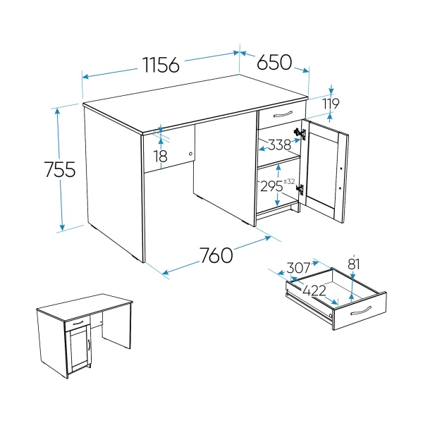 2.03.06.030.1 КАСТОР стол письменный 116х65 RU белый