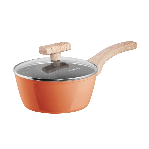 Ковш MAUNFELD MARTA MSP16FA06CL из кованого алюминия со стеклянной крышкой, 18 см, 1,6 л. Коралловый