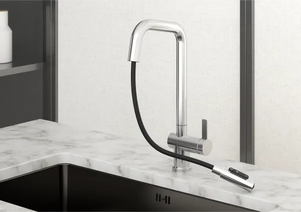 KS-7273, СТАЛЬ МАТОВАЯ, Смеситель кухонный с выдвижным изливом с переключением на душ и фильтром, сталь