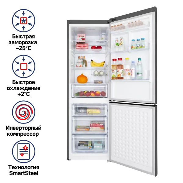 Холодильник-морозильник с инвертором MAUNFELD MFF187NFI10_1 Темная нержавеющая сталь