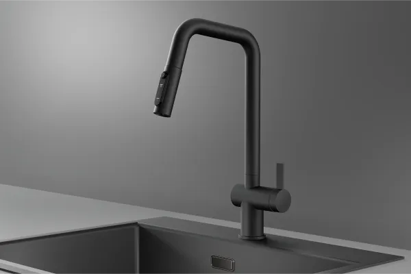 KS-7273, ЧЕРНЫЙ МАТОВЫЙ, Смеситель кухонный с выдвижным изливом с переключением на душ и фильтром,сталь