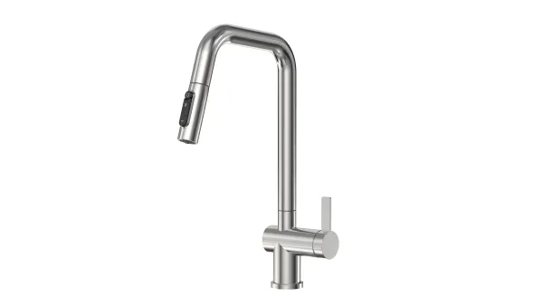 KS-7273, СТАЛЬ САТИН, Смеситель кухонный с выдвижным изливом с переключением на душ и фильтром,сталь