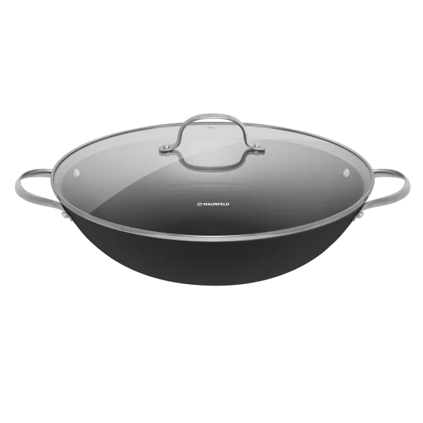 Сковорода-вок MAUNFELD HOWARD MWP32LCL15 из облегченного чугуна со стеклянной крышкой, 32 см Графитовый