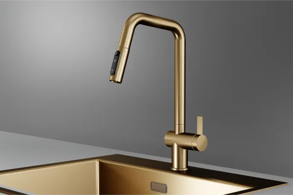 KS-7273, ЗОЛОТО САТИН, Смеситель кухонный с выдвижным изливом с переключением на душ и фильтром,сталь