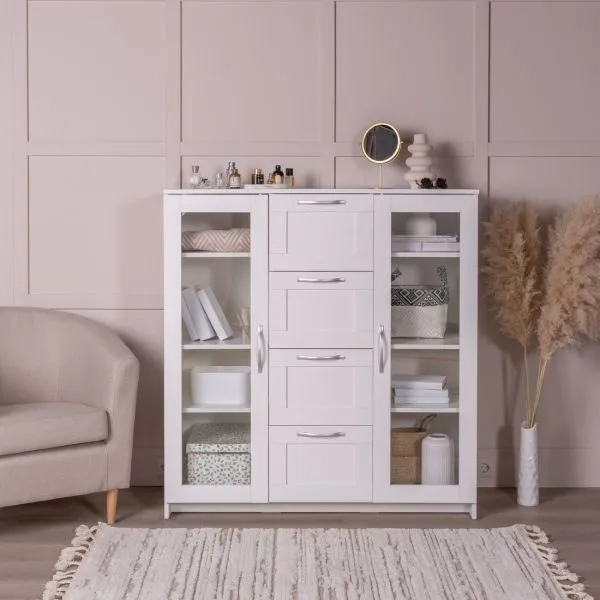 2.02.03.400.1 СИРИУС тумба 2 двери со стеклом и 4 ящика 117х123 белая RU