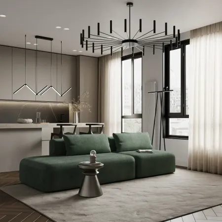 НОВЫЕ ЭМОЦИИ Диван прямой, темно-зеленый, банкетка слева